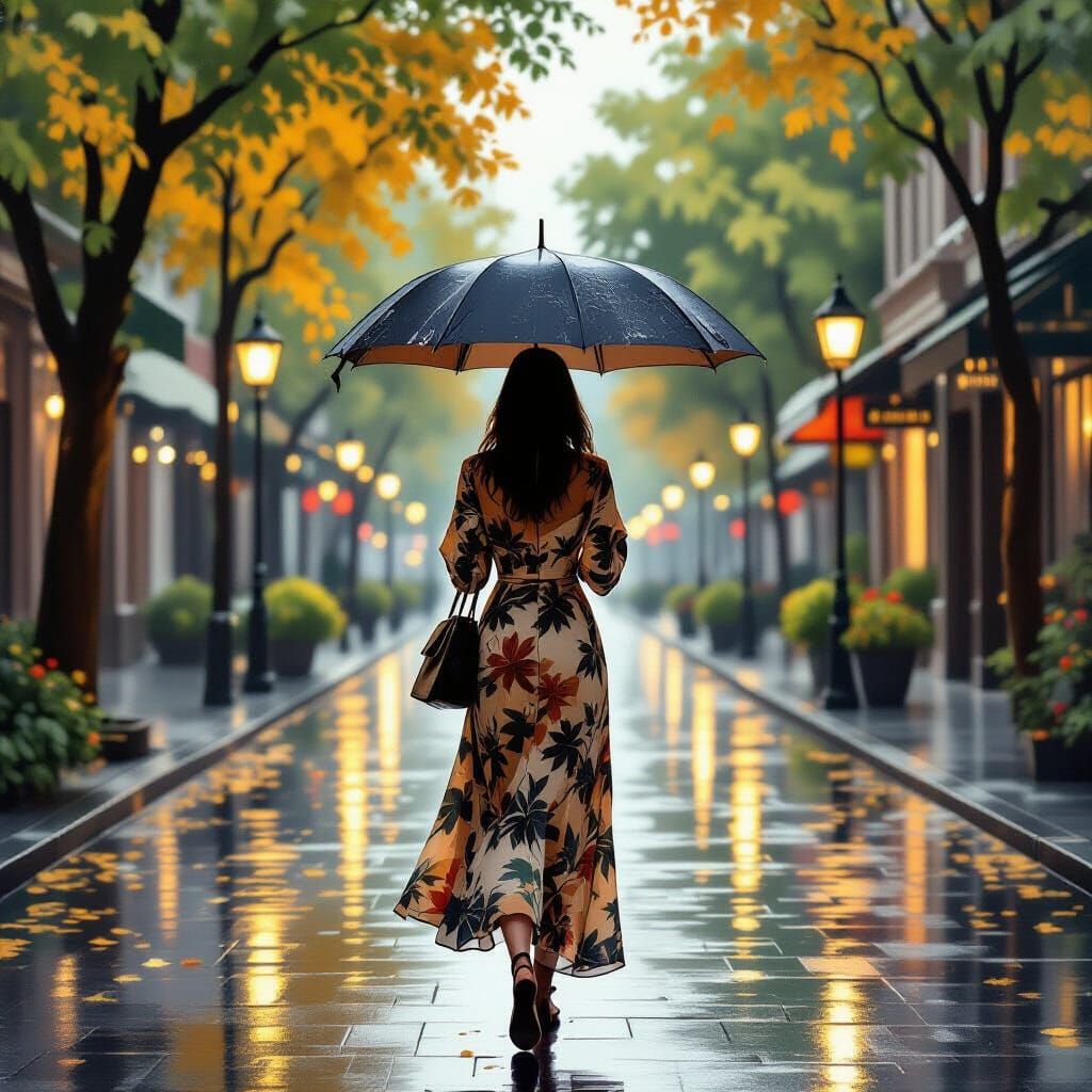 Woman with Umbrella in City at Dusk, Hyper-Realistic Oil Pai...