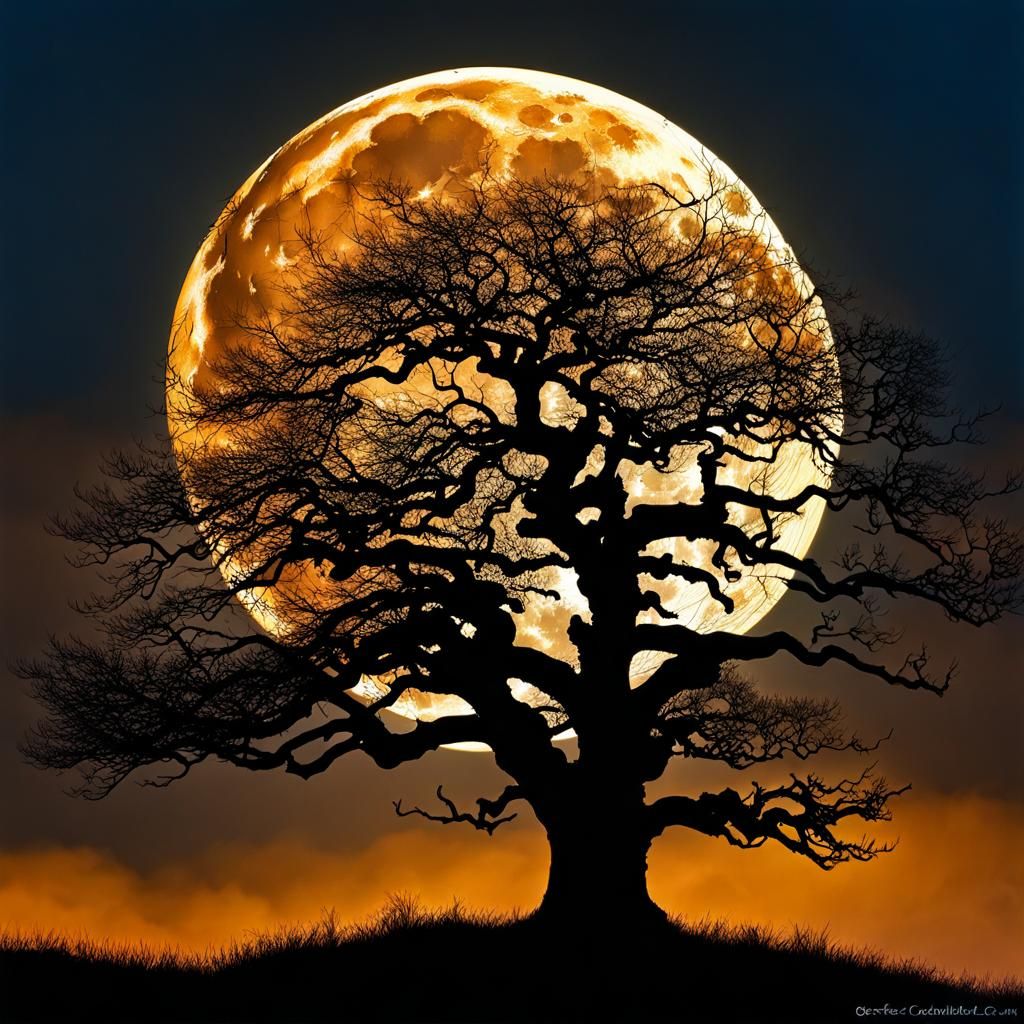 Leafless Tree Silhouetted by Full Moon