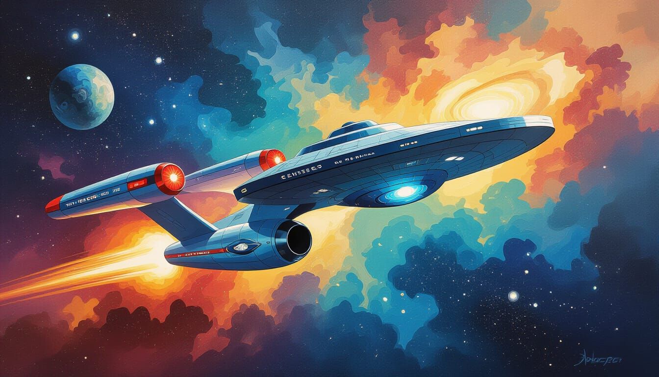 Starship Enterprise Soaring Through Space in Gouache Style