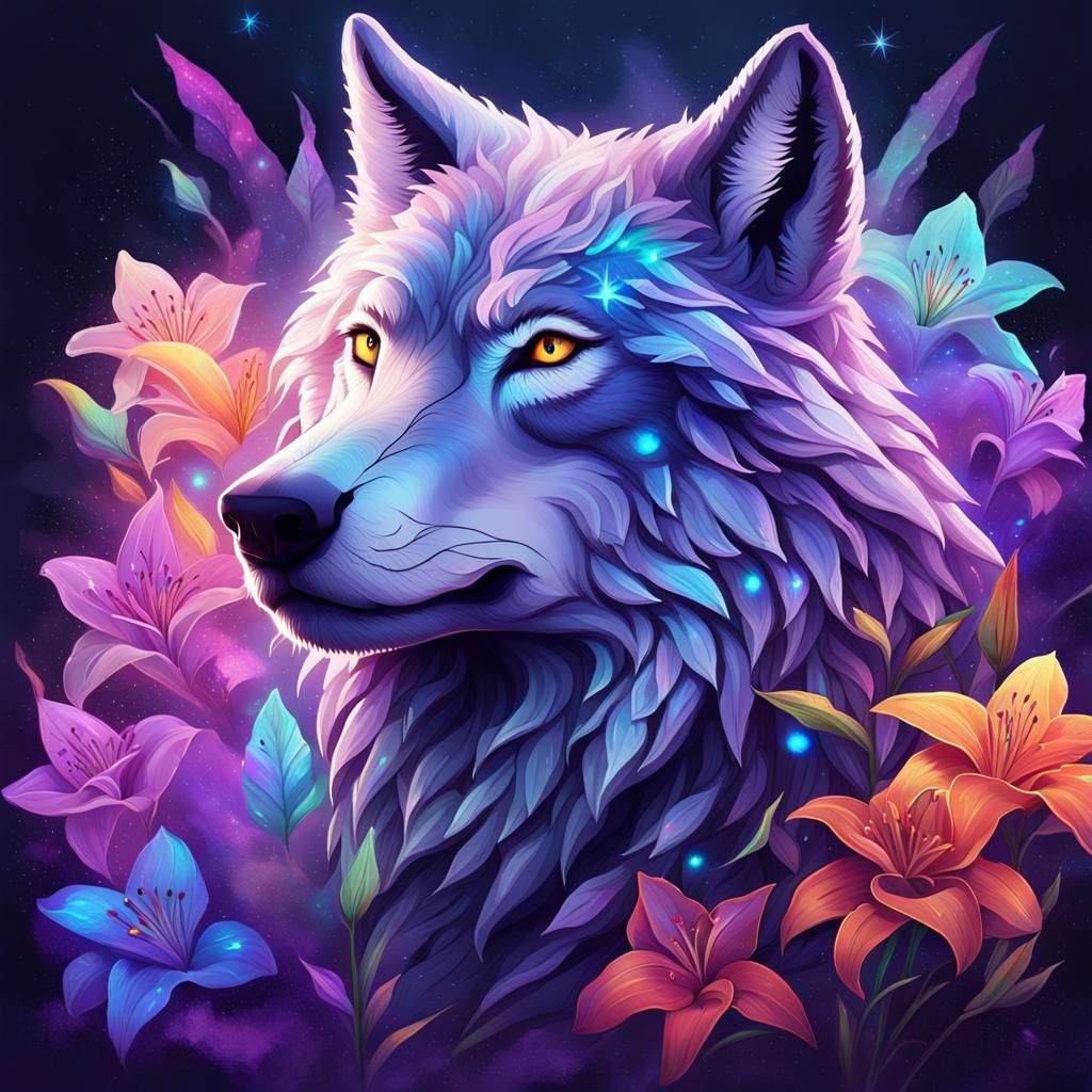 Dreamlike Wolf Portrait with Mountain and Floral Details