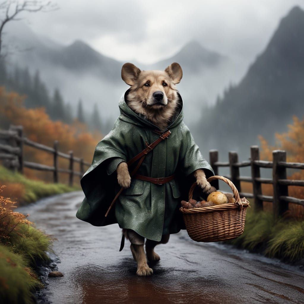 Determined Dog Brings Basket Through Autumnal Landscape in P...