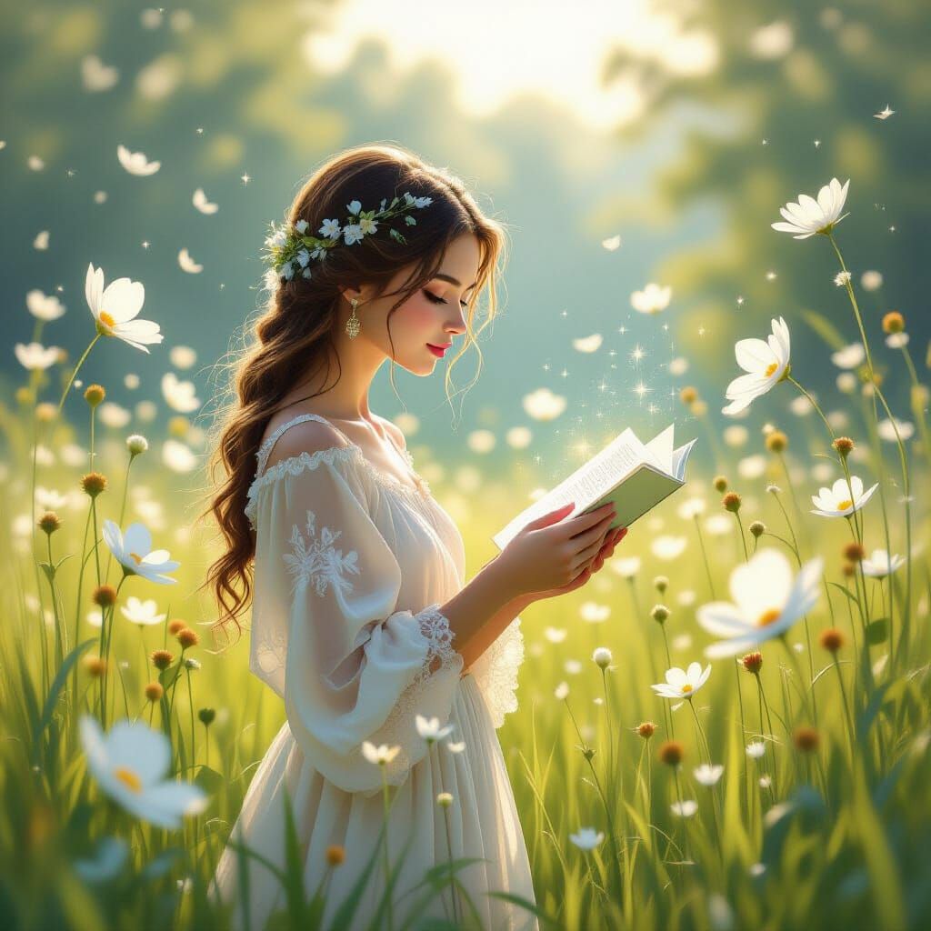 Ethereal Woman in Meadow Beckoned to Distant Magic