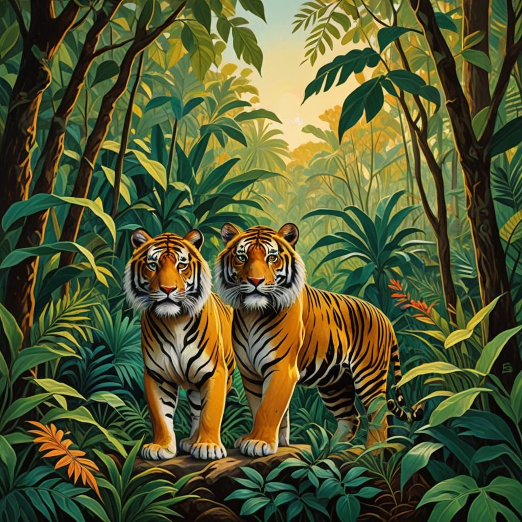 Tiger and Lion Confrontation in Vibrant Jungle Landscape