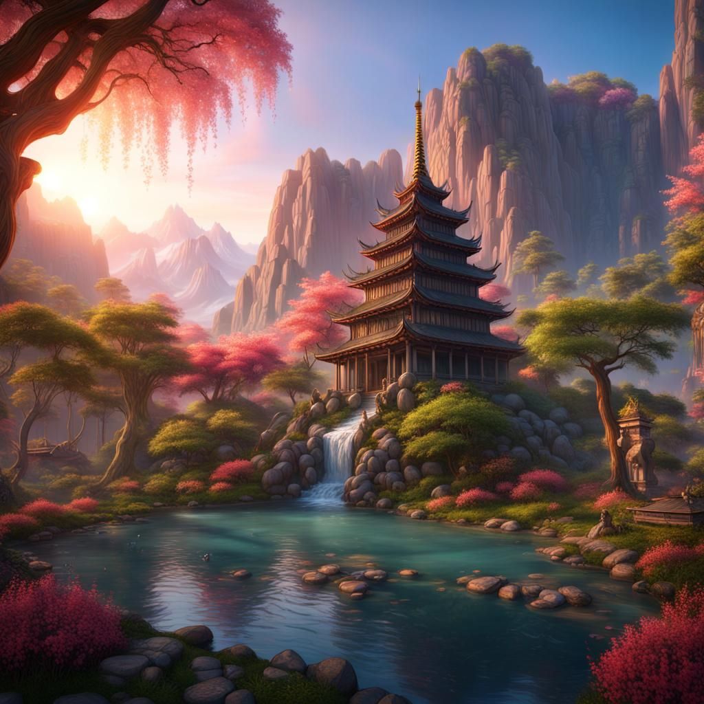 Waterfall Landscape with Blossoms and Temple in Matte Painti...