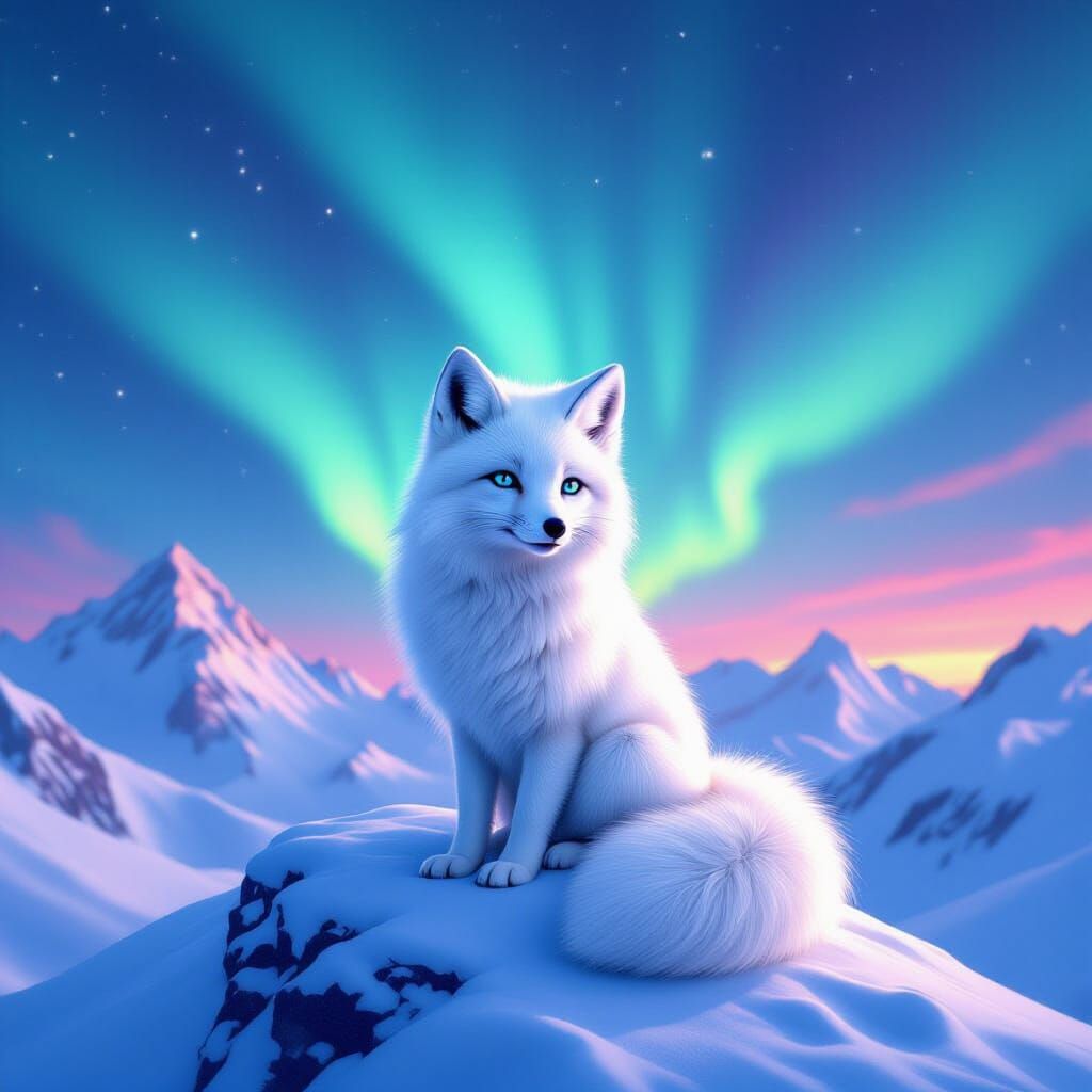 Arctic Fox Watches Aurora Borealis: Wildlife Landscape