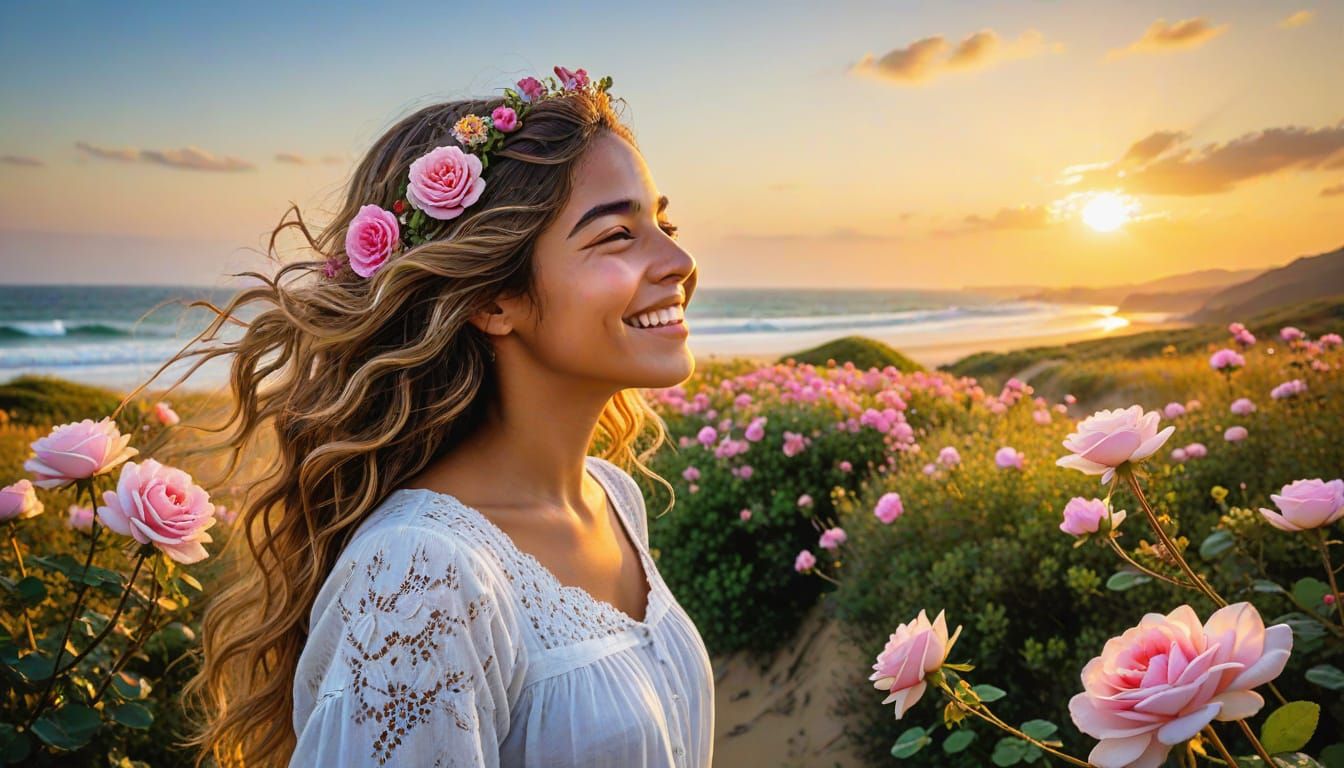 Vibrant Sunset Beach Scene in Impressionist Style