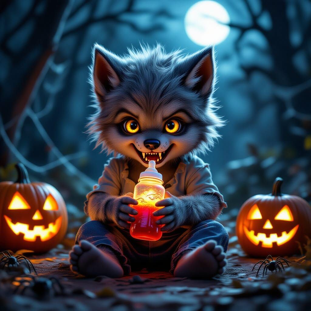 Adorable Baby Werewolf in Halloween Forest