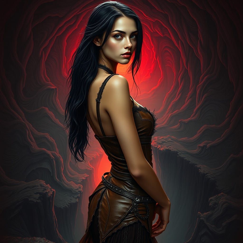 Gothic Goddess Standing at the Edge of a Crimson Abyss