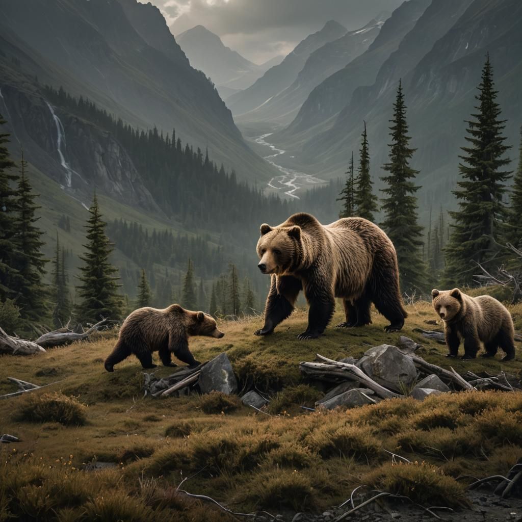 Grizzly Bear and Cub in Digital Painting Style