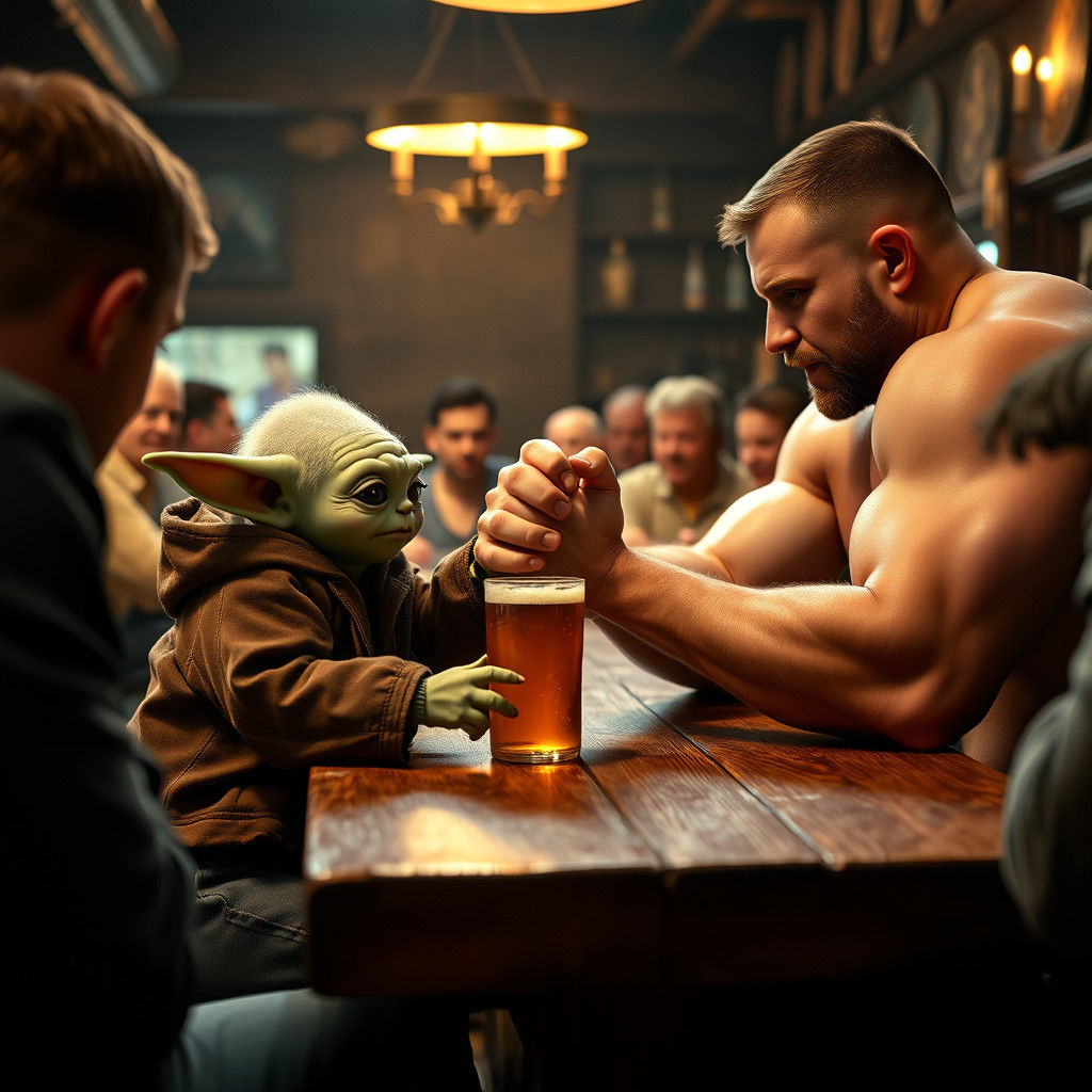 Baby Yoda Arm Wrestles Weightlifter: Cinematic Film Still