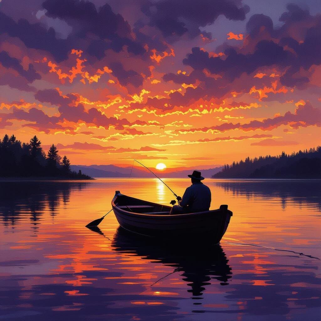 Fisherman in Boat at Sunset, Painterly Style