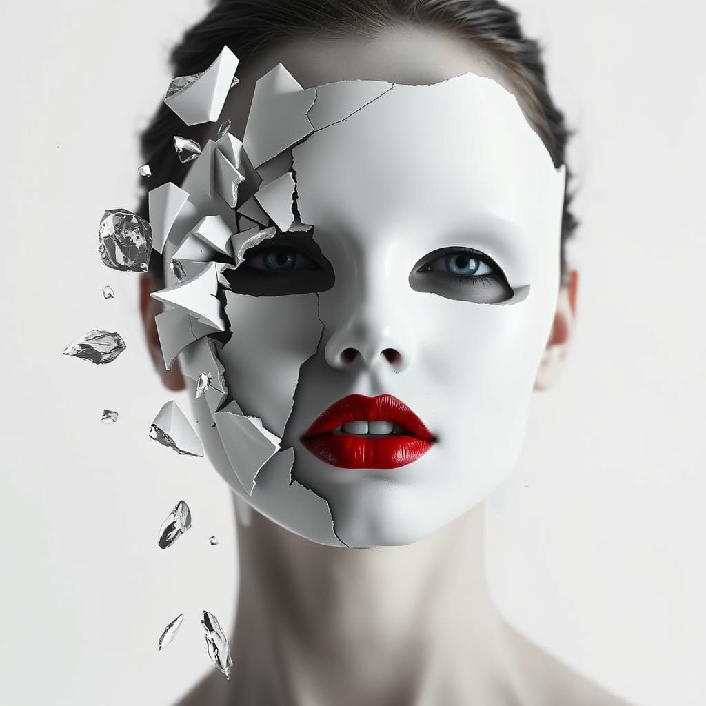 Porcelain Mask Cracks on Pale Face with Bright Red Lipstick ...