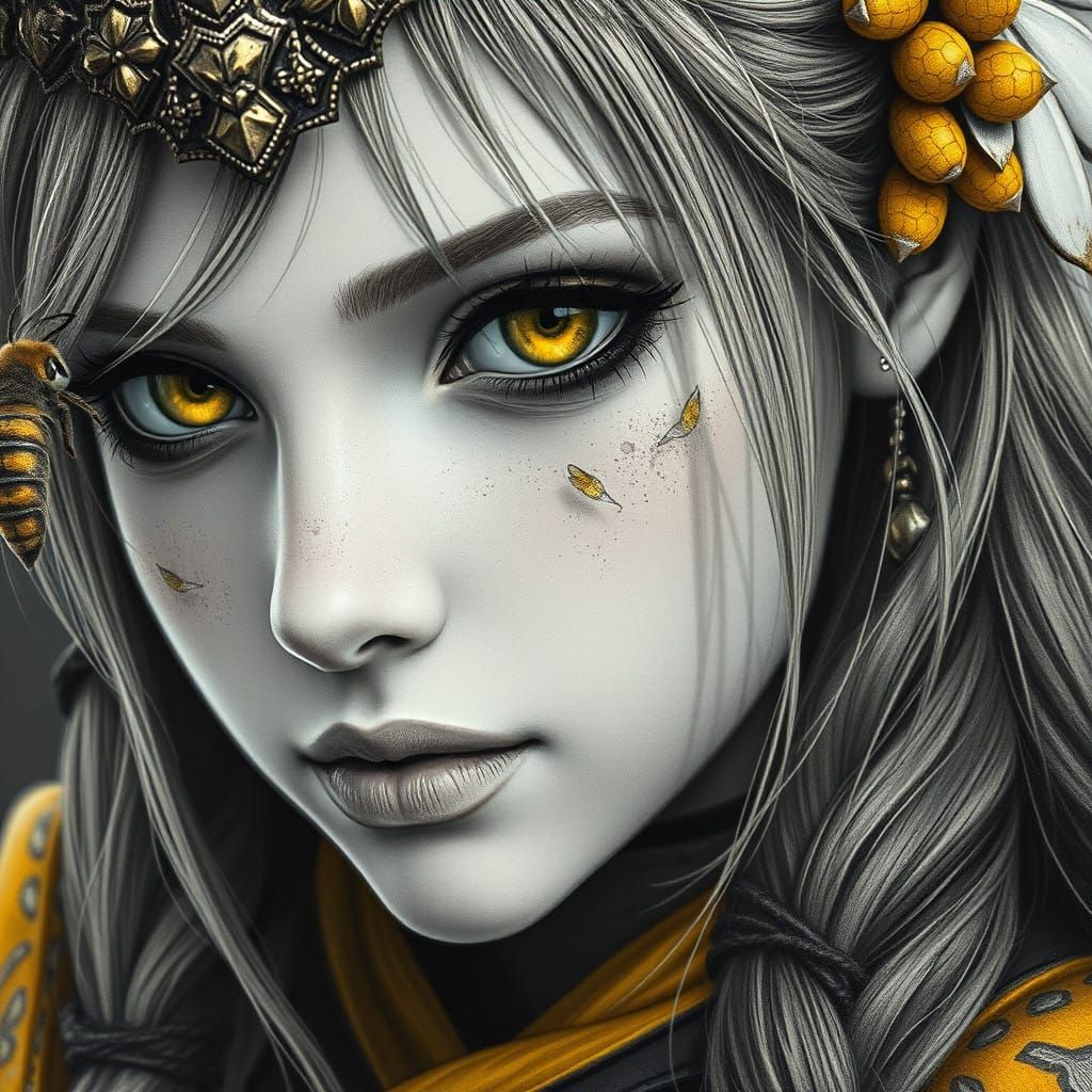 Medieval Fantasy Princess with Honeybee Traits in Charcoal w...