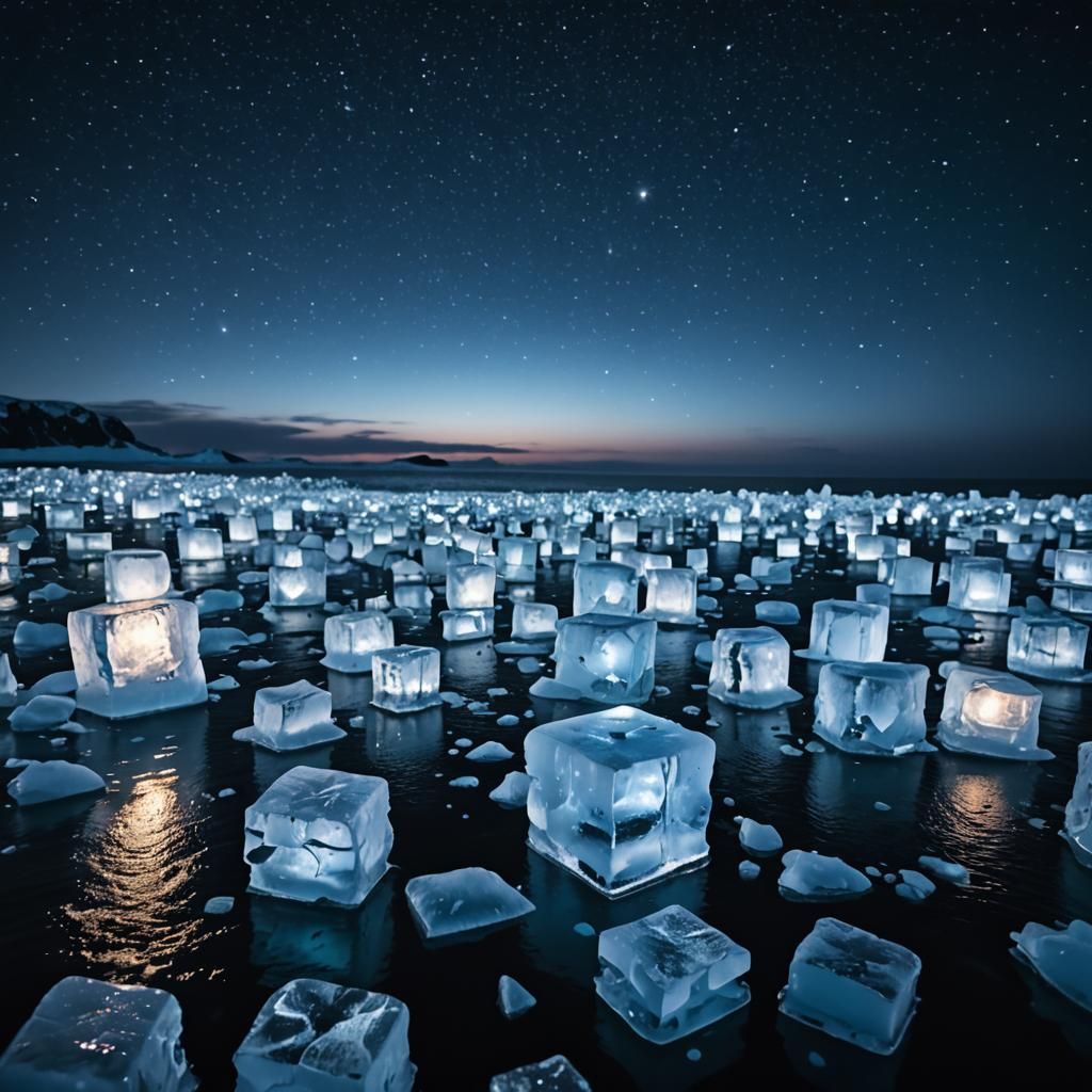 Glowing Ice Blocks Under Northern Lights