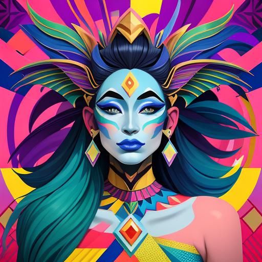 Dragon Feathered Woman in Cubist Art Deco Style