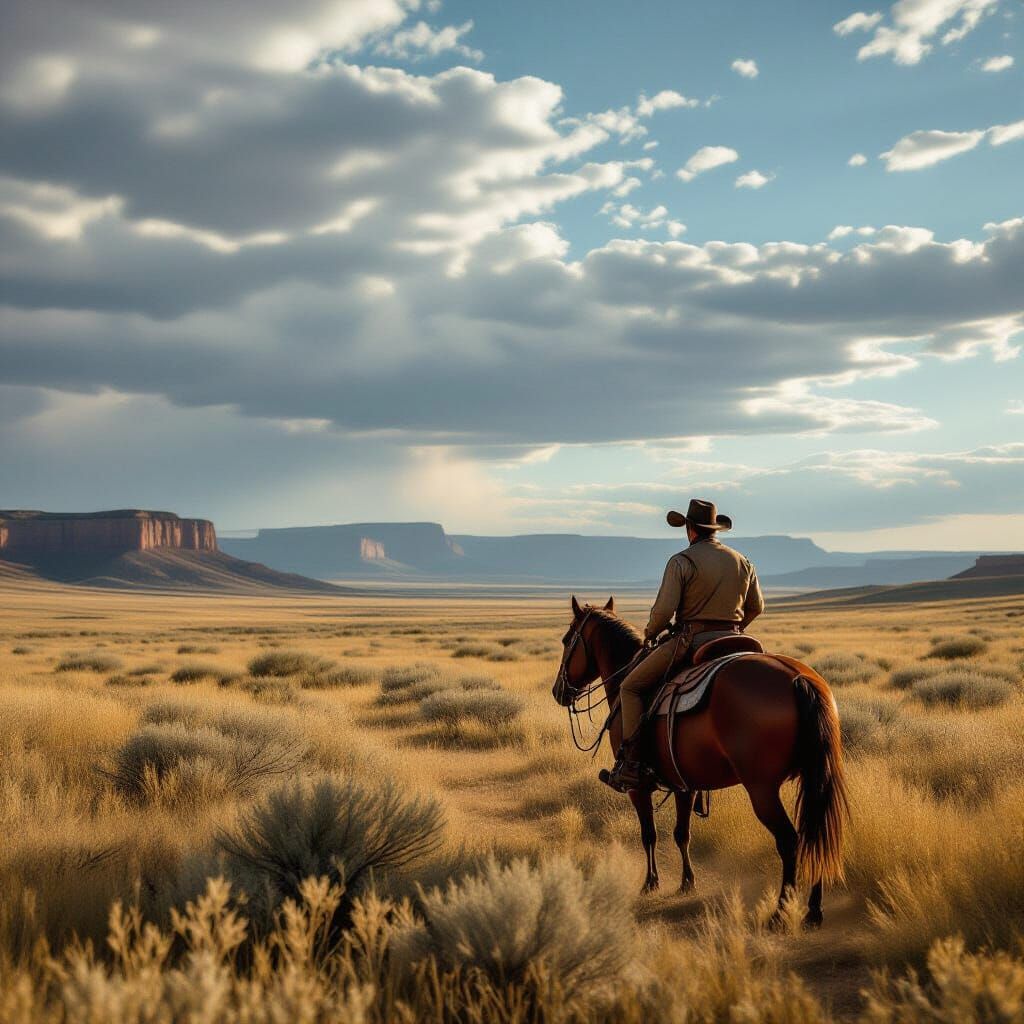 Lone Cowboy Rides Through Sun-Drenched Prairie