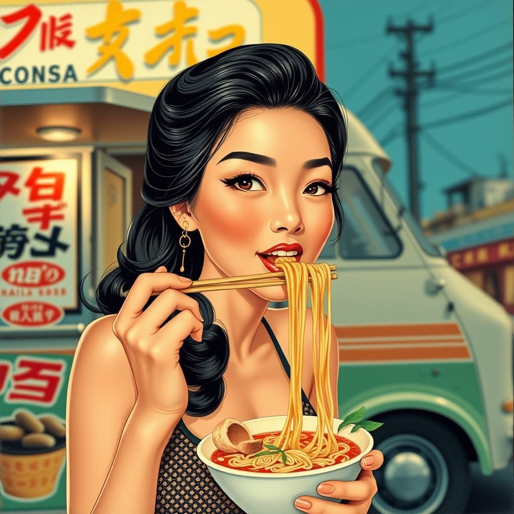Retro Pinup: Asian Woman at Ramen Truck