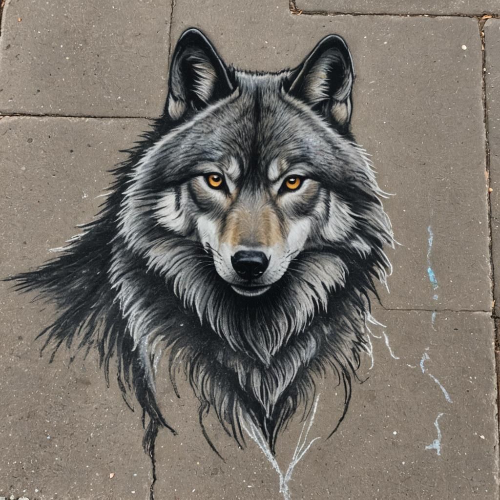 Chalk Art: Close-Up Wolf Sidewalk Drawing
