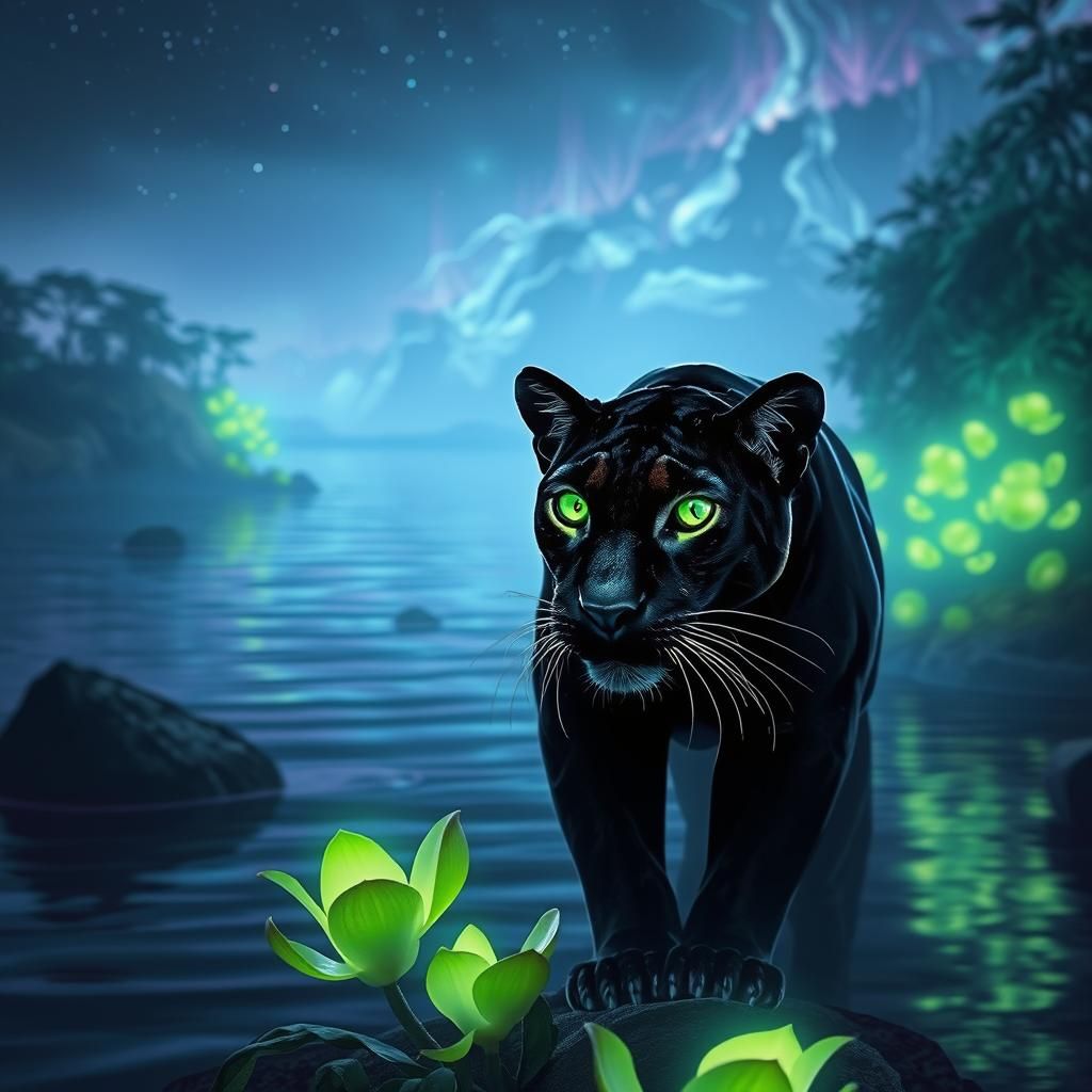 Panther in Bioluminescent Landscape, Digital Art