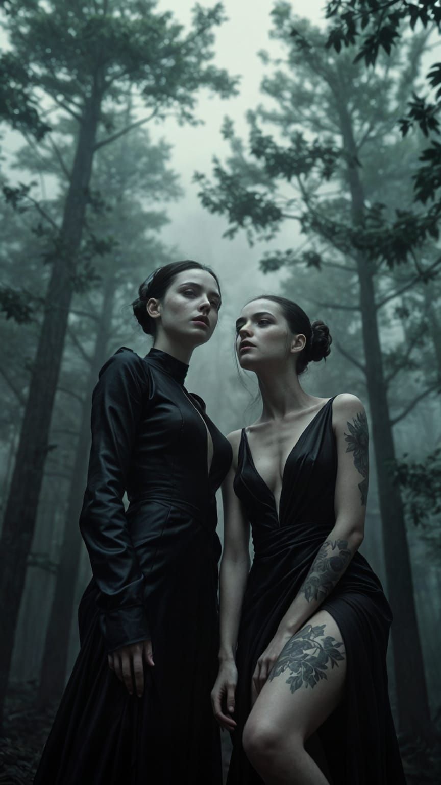 Gothic Fashion in Foggy Forest, in Romantic Style