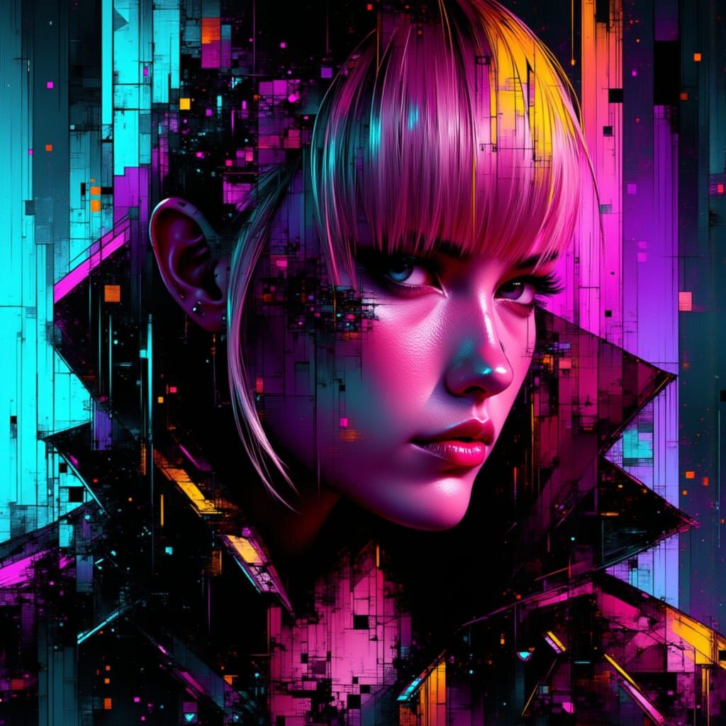 Glamorous Glitch Girl in Neon Digital Art