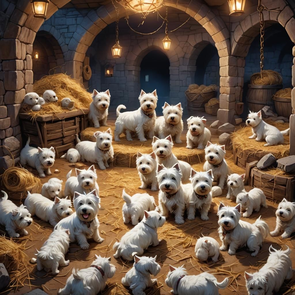 Westies in Fantasy Den: Stylized Realism