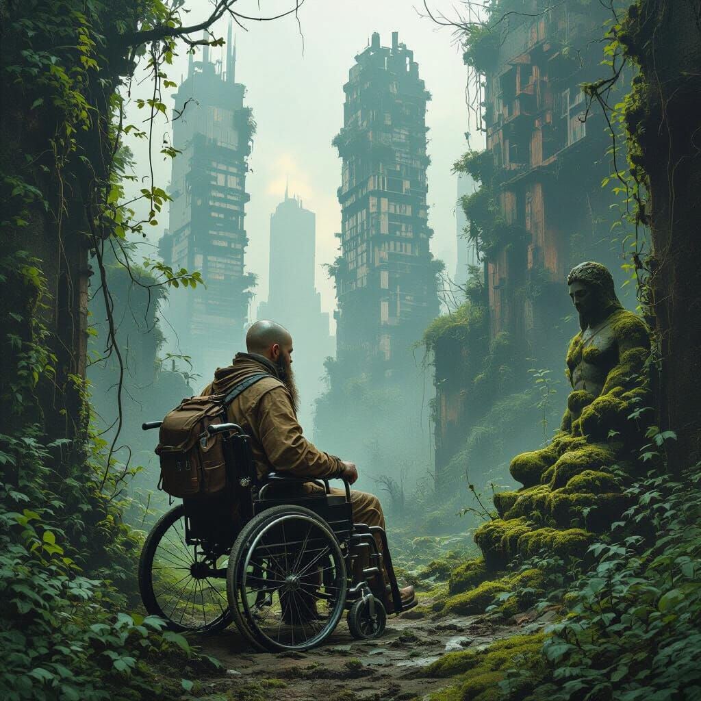 Traveler in Overgrown City Ruins: Digital Art