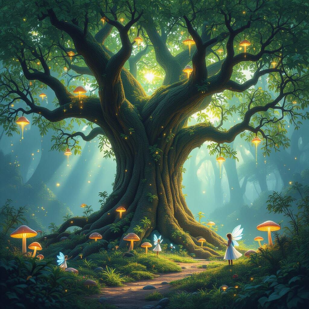 Bioluminescent Ancient Tree with Sprites in Hidden Grove
