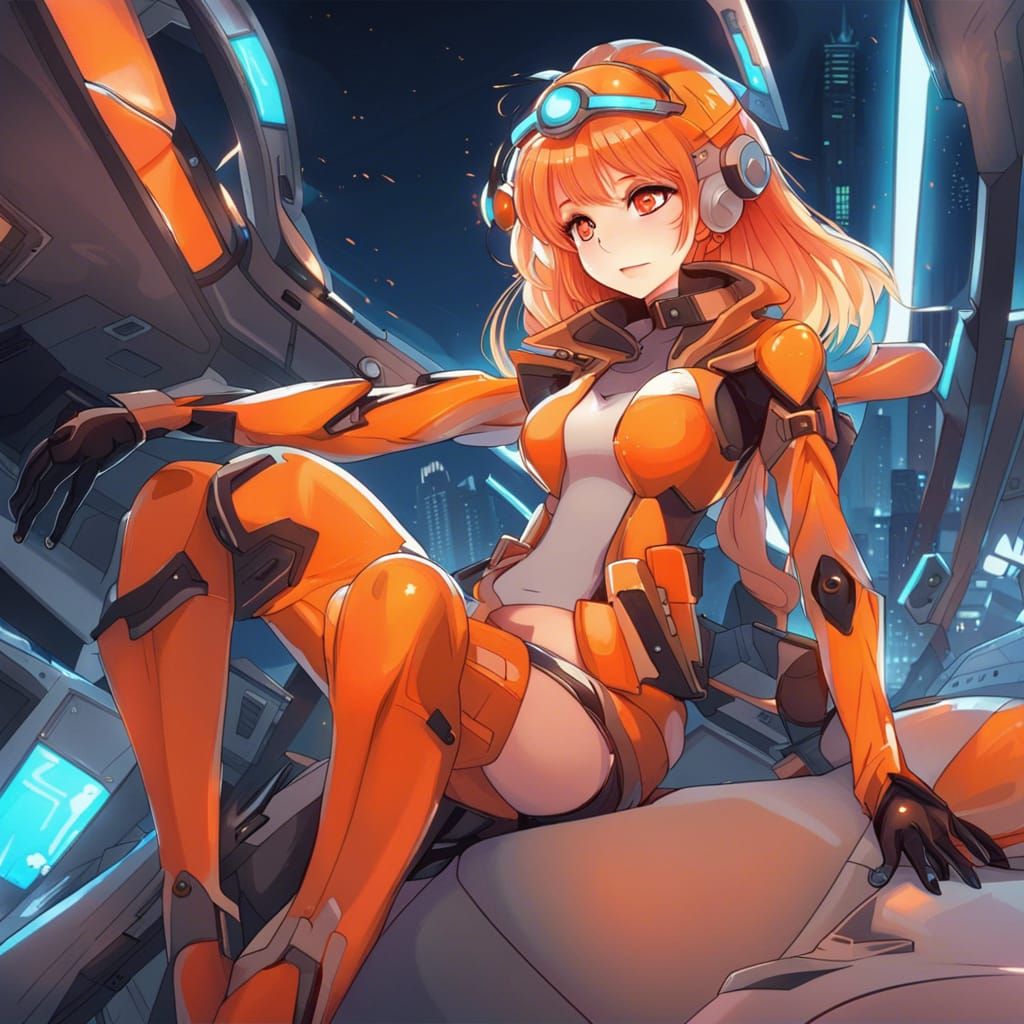 Futuristic Anime Women in Orange Light