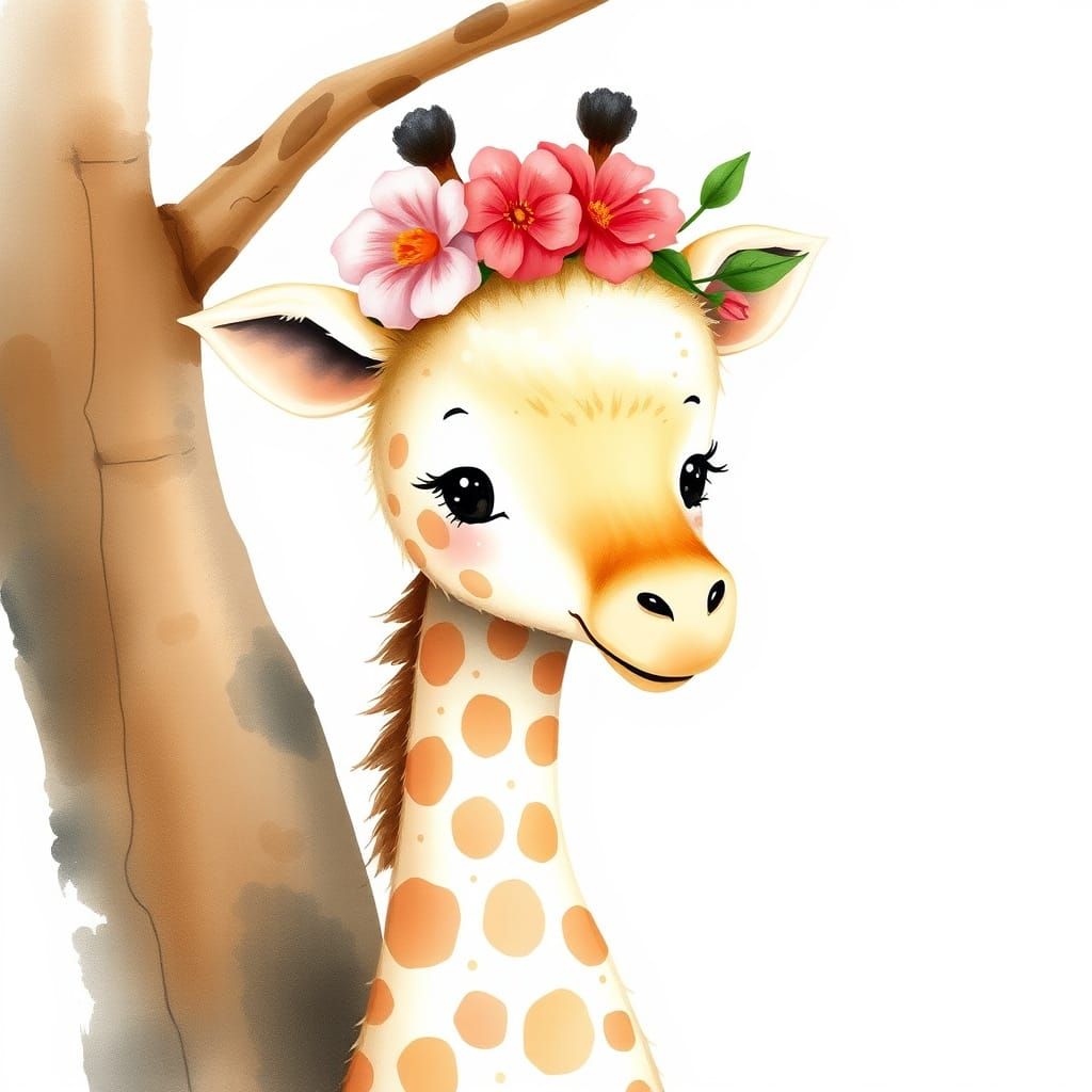 Whimsical Baby Giraffe with Flower Crown