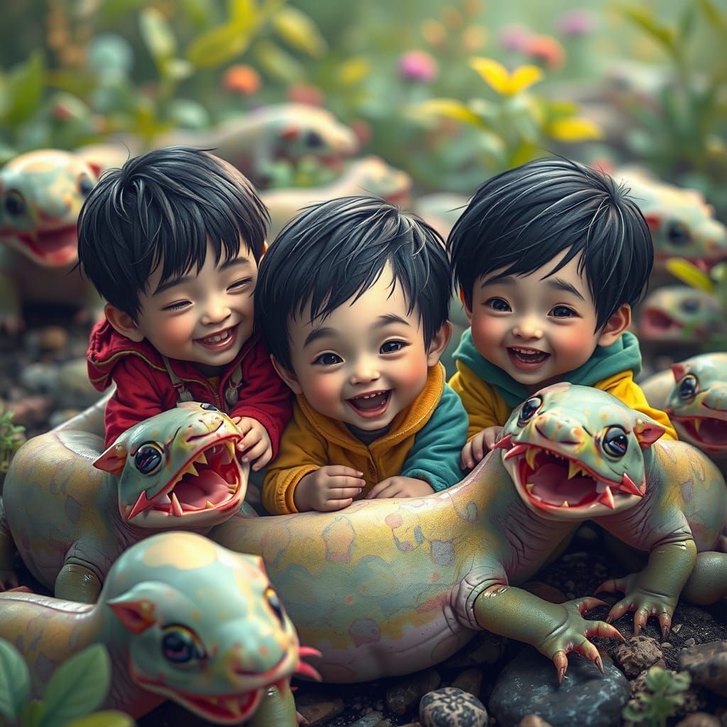 Little Monsters Playing With Their Beloved Axolotl