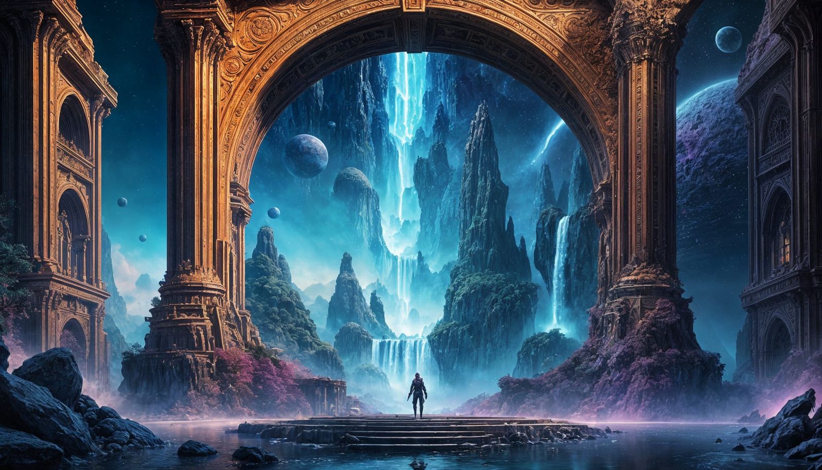 Galactic Fantasy Universe with Waterfalls and Cityscape