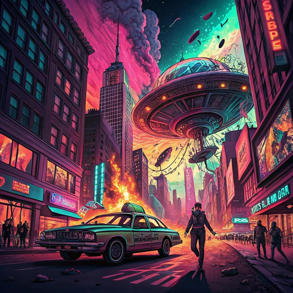 Neon Metropolis UFO Crash in Comic Book Style