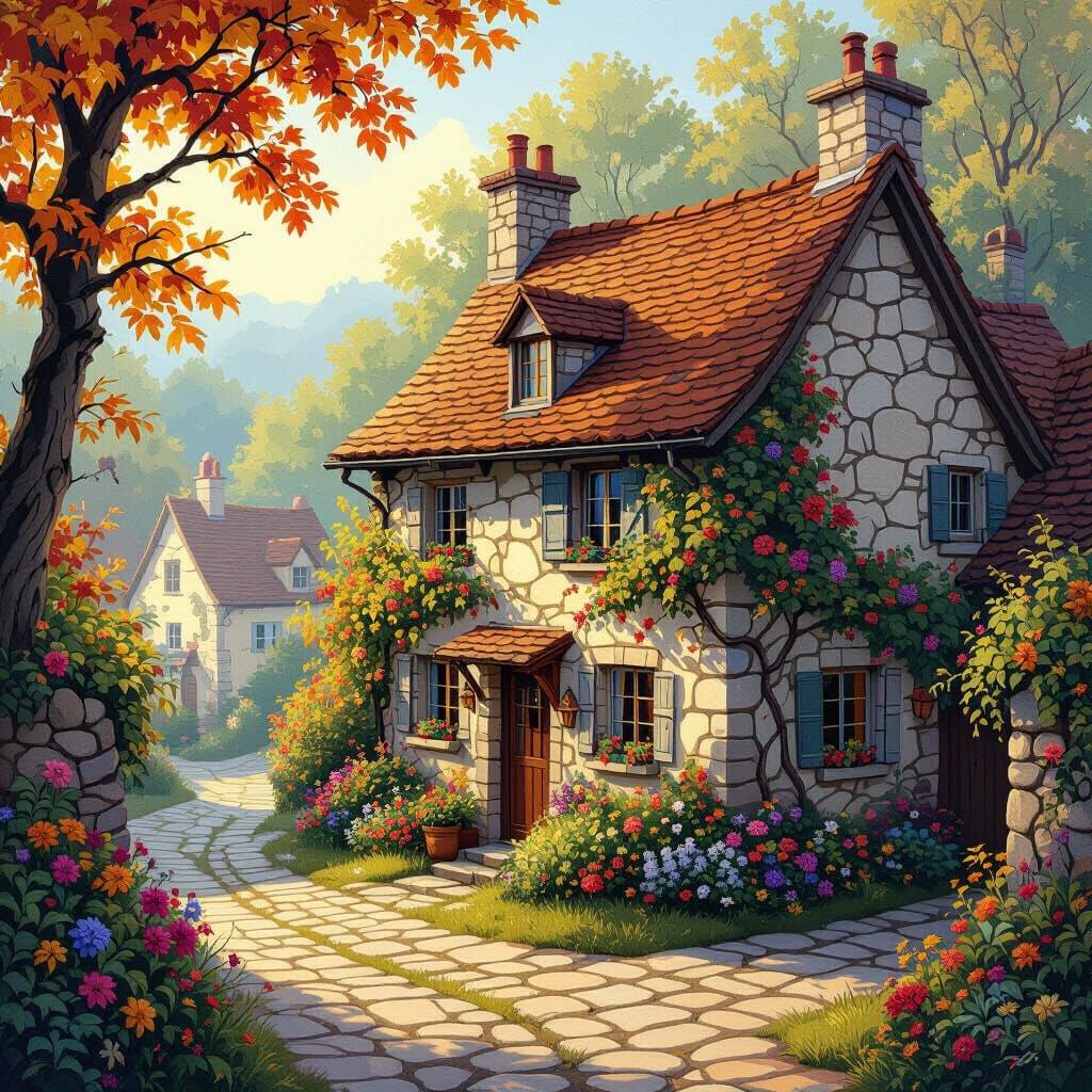 Quaint Village Cottage in Folk Art Style