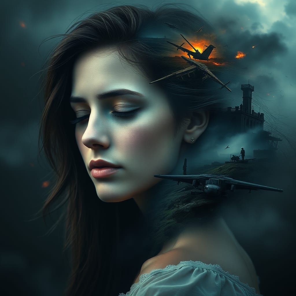 Serene Woman Portrait with War-Torn Landscapes