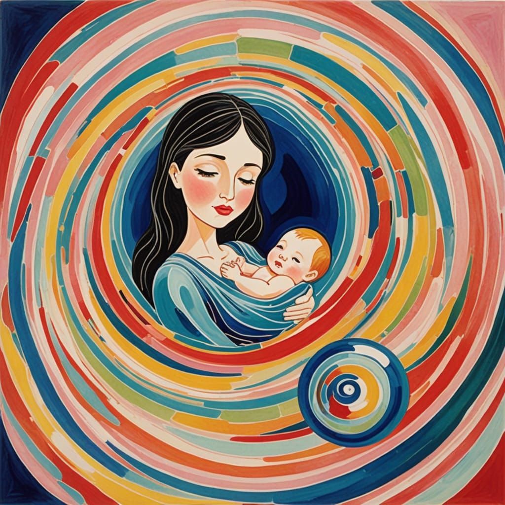 Mother and Child in a Dreamlike Suminagashi Painting