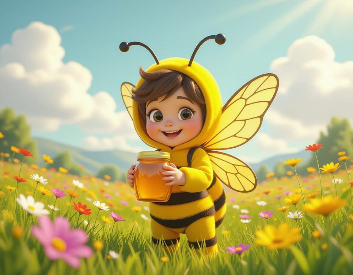 Bee Child in Blooming Meadow: 3D Digital Art