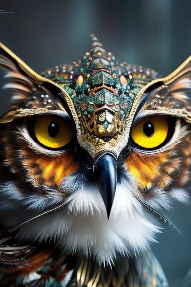 Wise Owl Portrait in Hyperdetailed Gouache Illustration