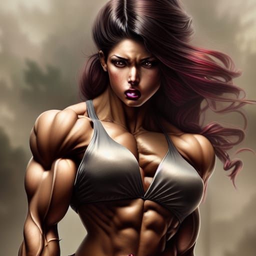 Muscle Goddess with Crimson Eyes: Digital Illustration