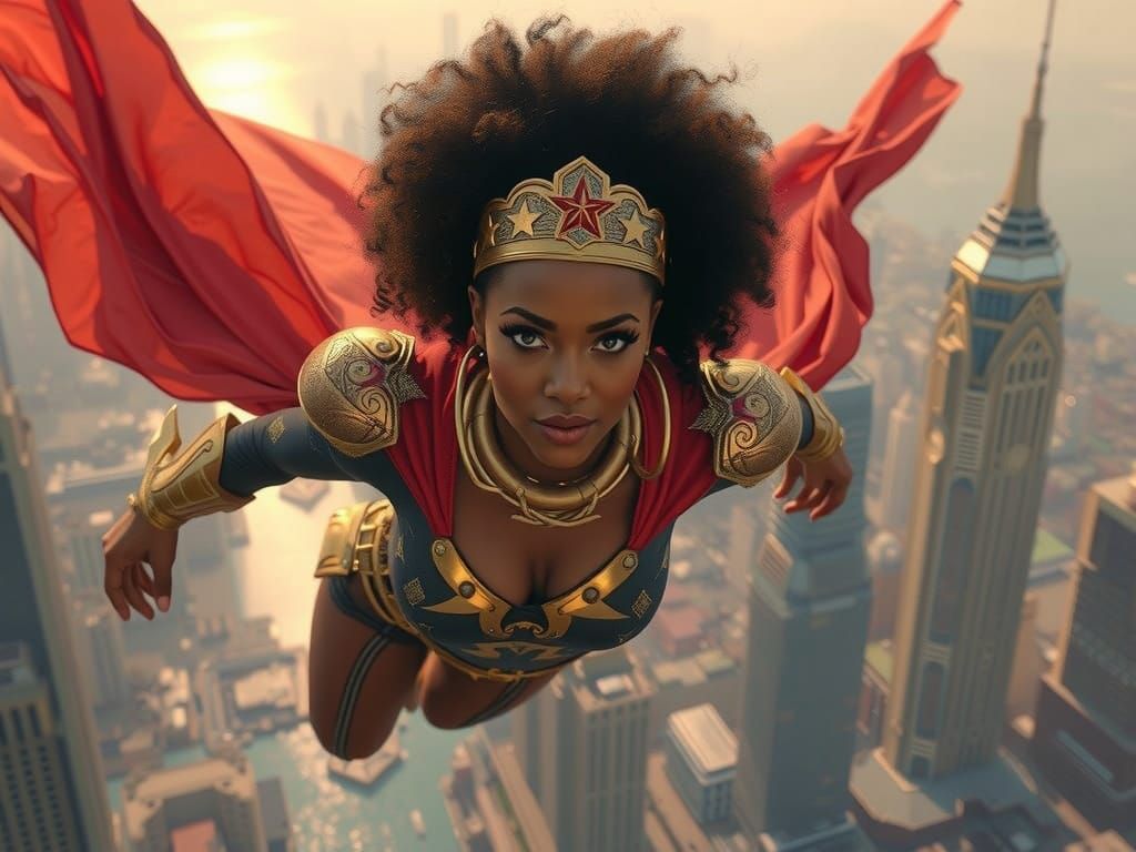 Regal Superheroine Soars Above Futuristic City