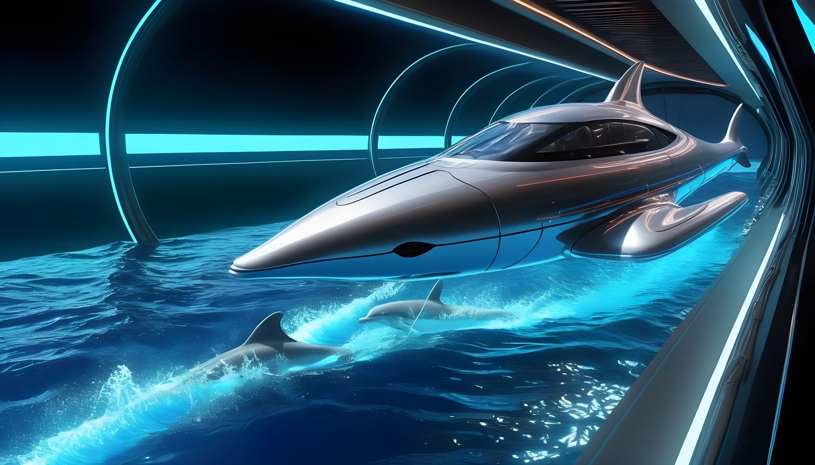 Cyberpunk Dolphin Starship Crew Embarks Through Wormhole