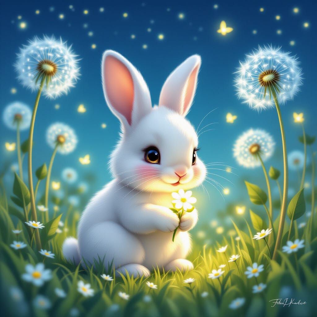 Fluffy Rabbit Nibbles Glowing Clover in Starry Meadow