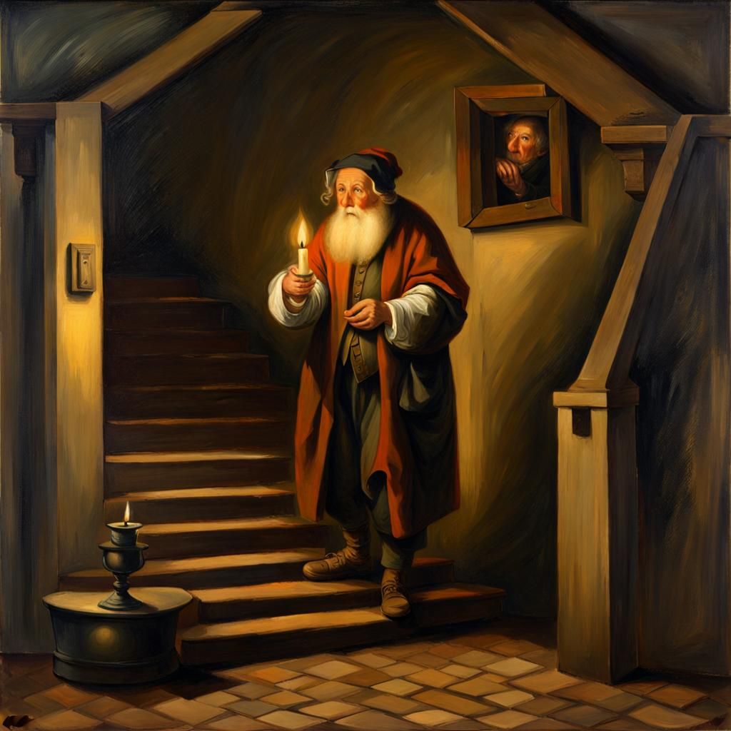 Old Person Ascending Stairs: Dutch Golden Age Painting