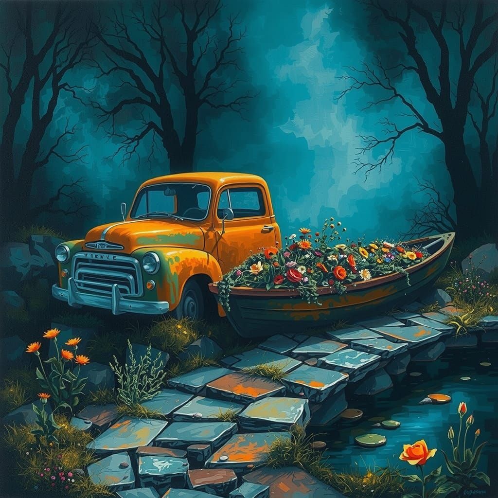 Abandoned Truck in a Vibrant Wildflower Landscape