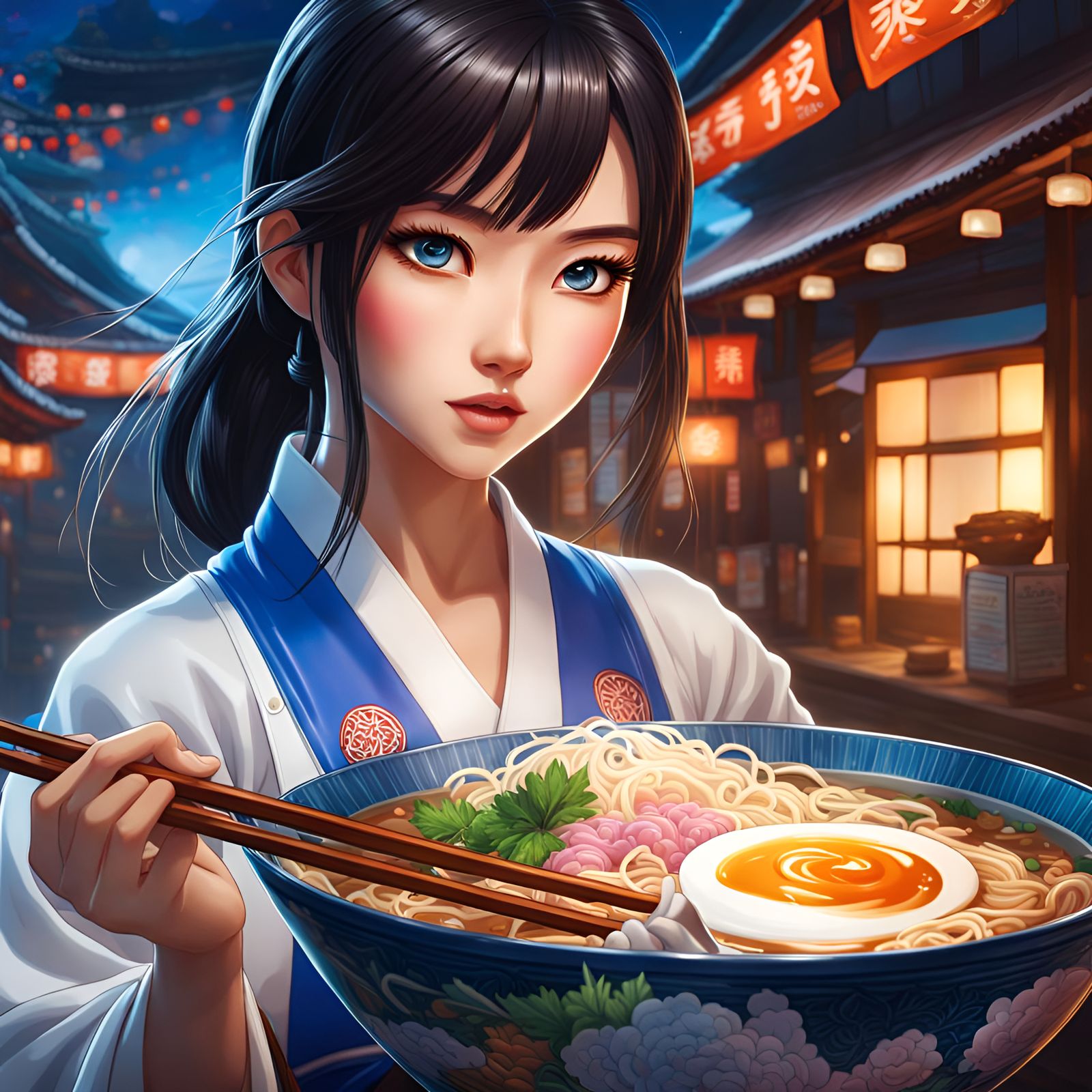 there is an asian pretty young woman is holding a steaming bowl of tonkotsu she has blue eyes. a colorful miso masterpie...