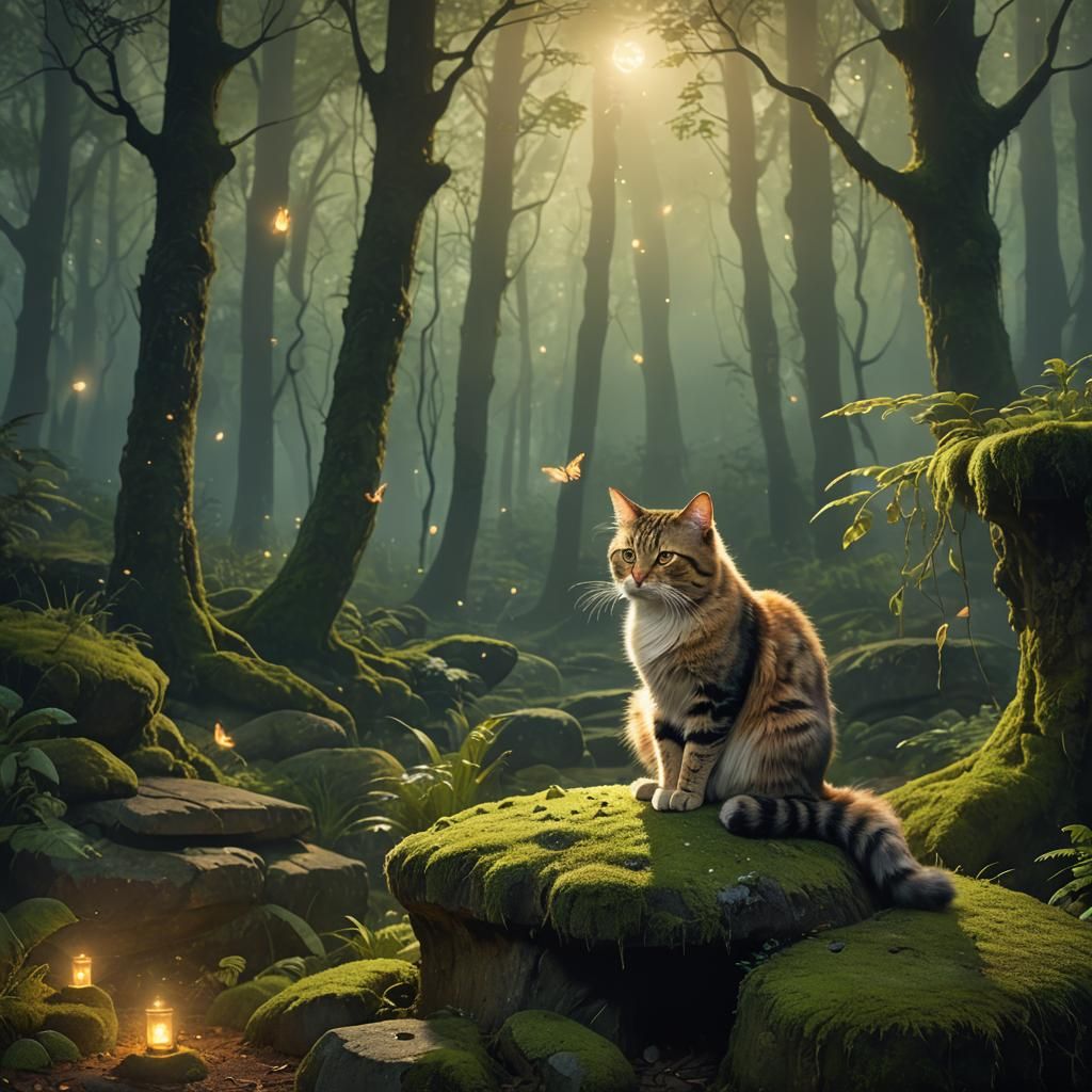 Melancholic Cat in Mystical Forest: Digital Matte Painting