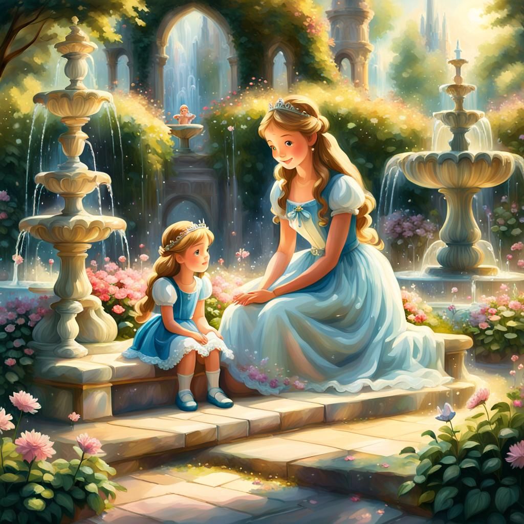 Fairy Tale Princess in Lush Garden, Ethereal Oil Painting