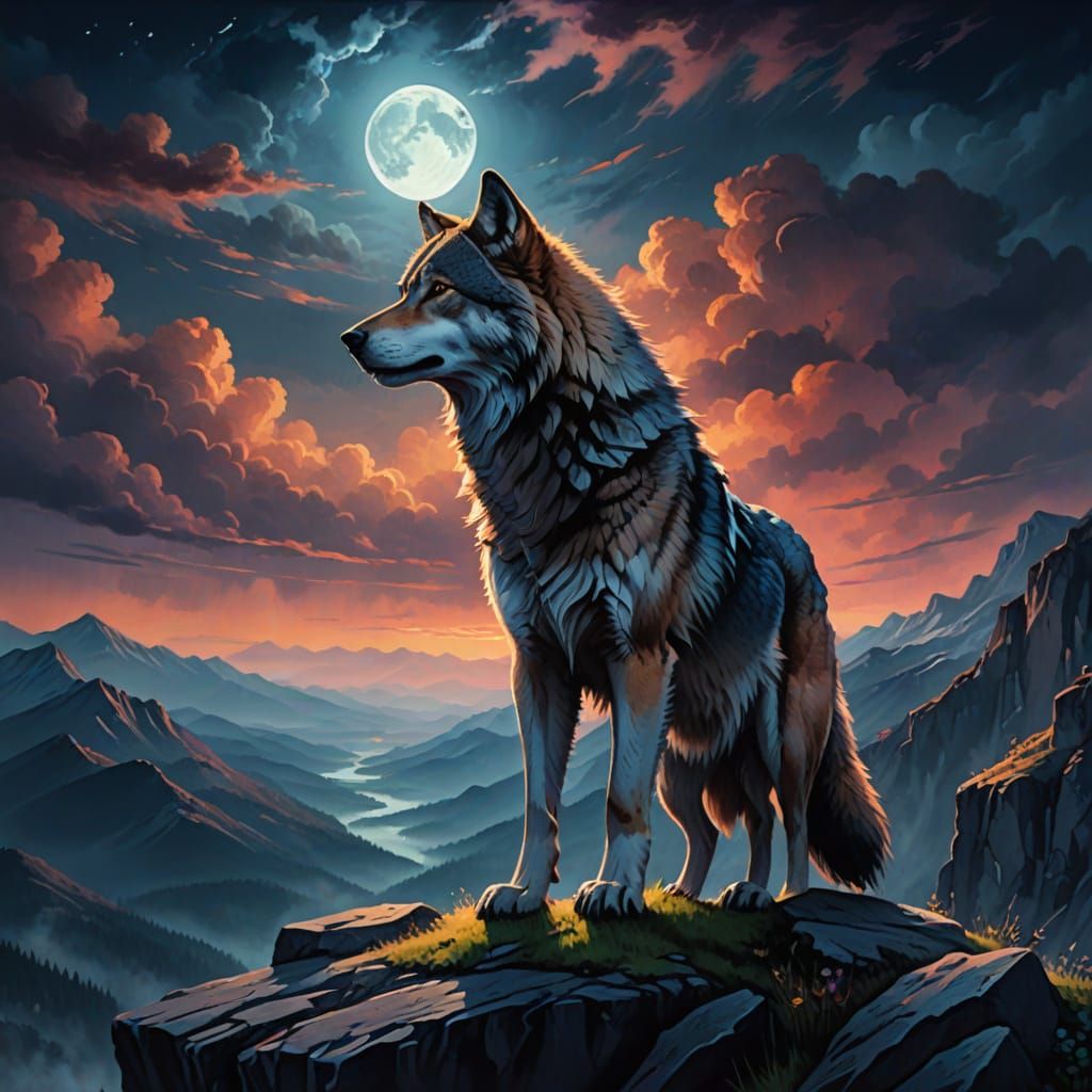 Lone Wolf on Cliff Edge in Magical Realism