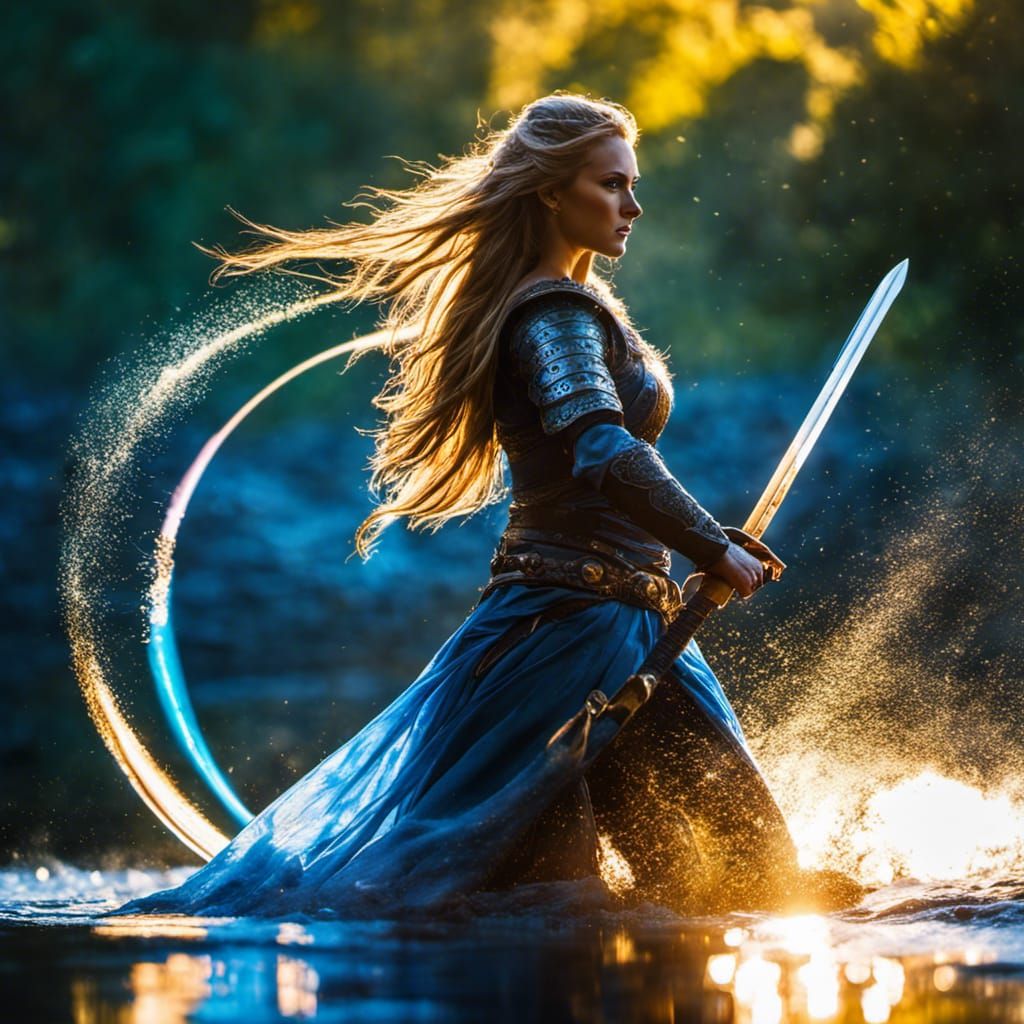 Dynamic Viking Woman with Sword in Action