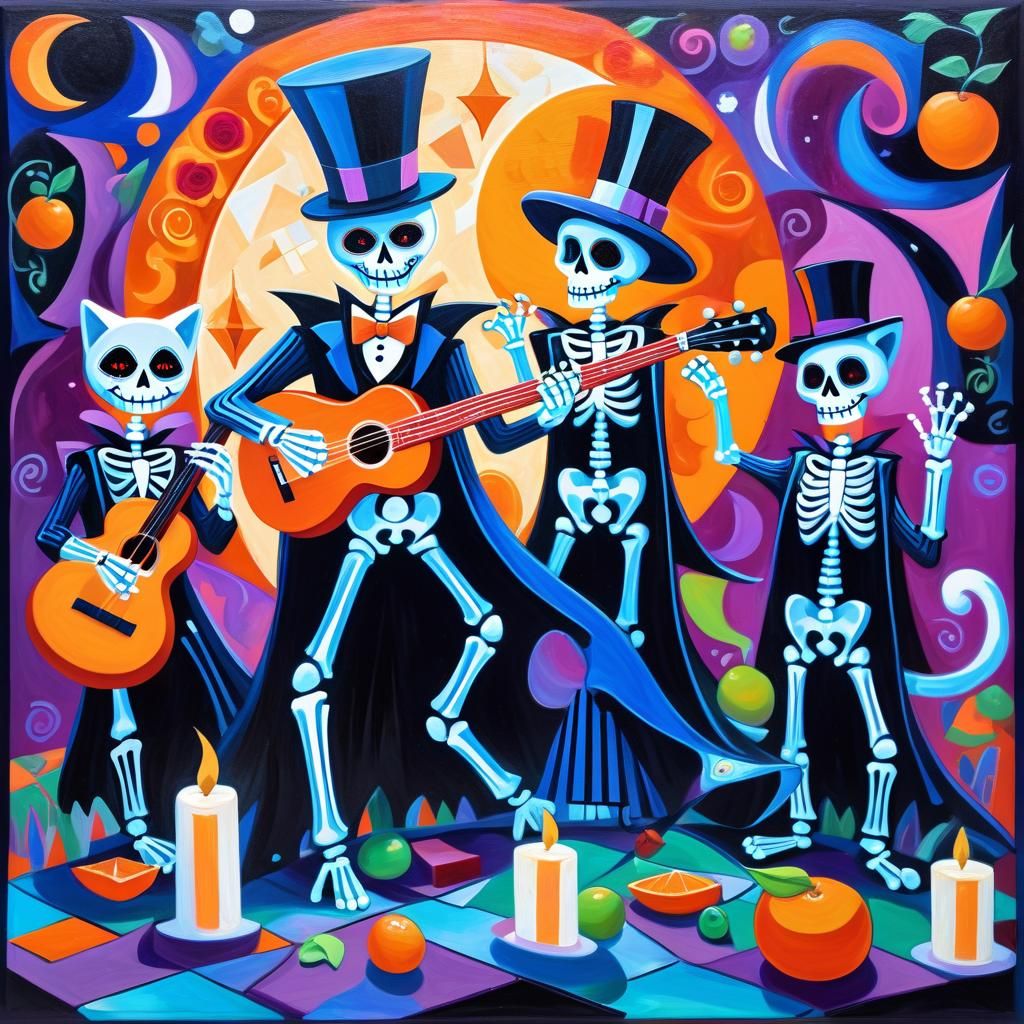 Day of the Dead Ghosts and Cats in Cubist Style
